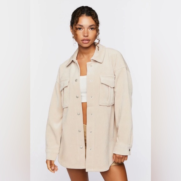 Forever 21 Jackets & Blazers - Forever 21 Women's Corduroy Butt on-Front Shacket in Beige Size XSmall